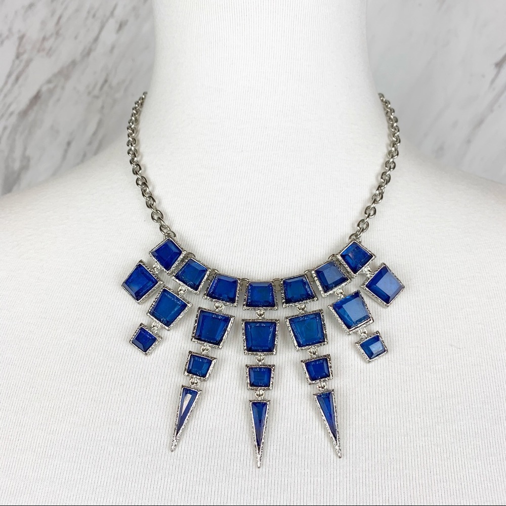 Royal Blue Statement Bib Necklace Silver Art Deco Geometric Spike Collar Jewelry